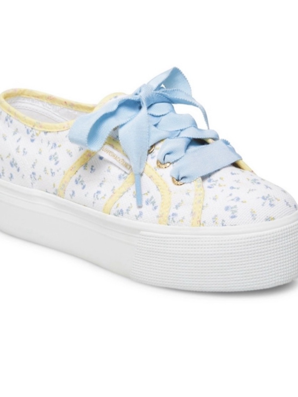 LoveShackFancy x Superga White Floral Platform Sneaker with Pale Blue Ribbon